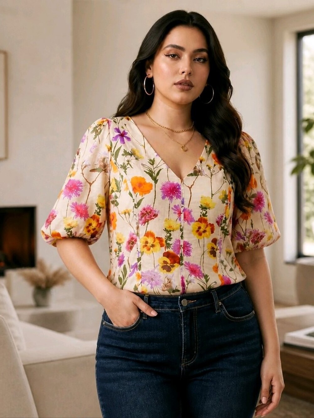 Ever New Charlotte V-Neck Floral Puff Sleeve Blouse Top - Multicolour